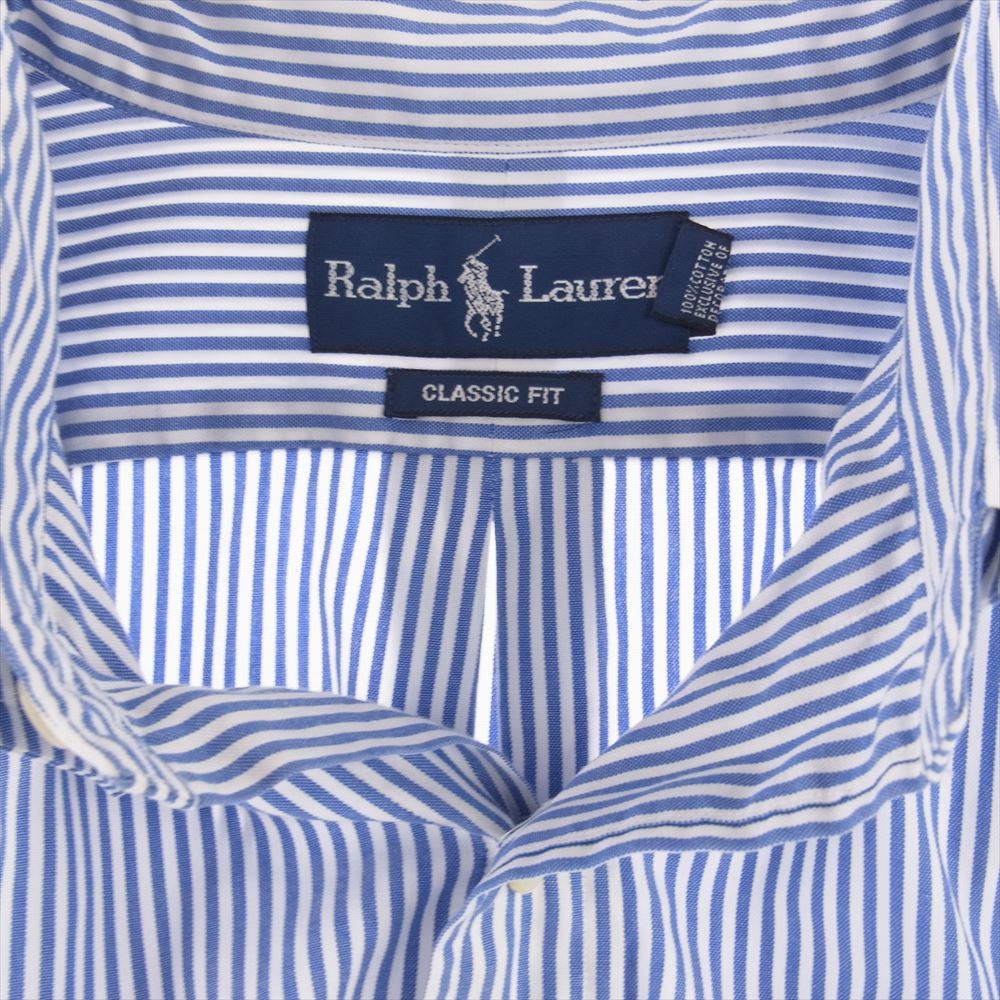 RALPH LAUREN ラルフローレン ボタンダウン ストライプ 長袖 シャツ ロゴ刺繍 ホワイト系 ブルー系 17 1/2【中古】
