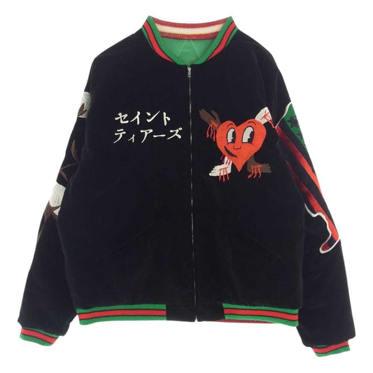 SAINT MICHAEL セントマイケル 22SS SM-S22-0000-059 x Denim Tears SOUVENIR JKT デニムティアーズ セントティアーズ リバーシブル スカジャン スタジアム ジャケット ブラック系 グリーン系 XL【中古】