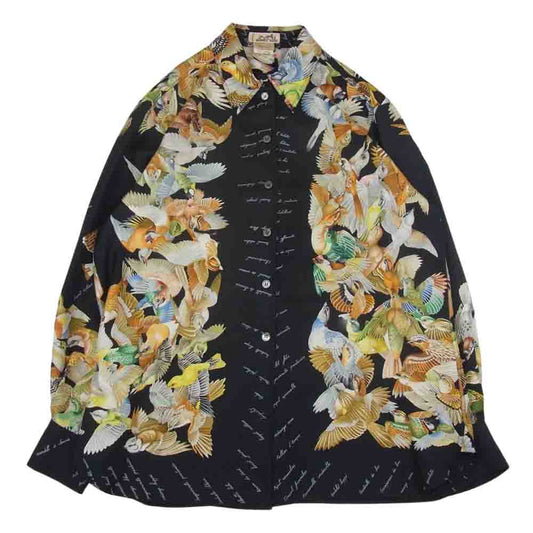 HERMES エルメス ツイルレーヌ 鳥柄 シルク 100％ 長袖 シャツ ブラック系 42【中古】
