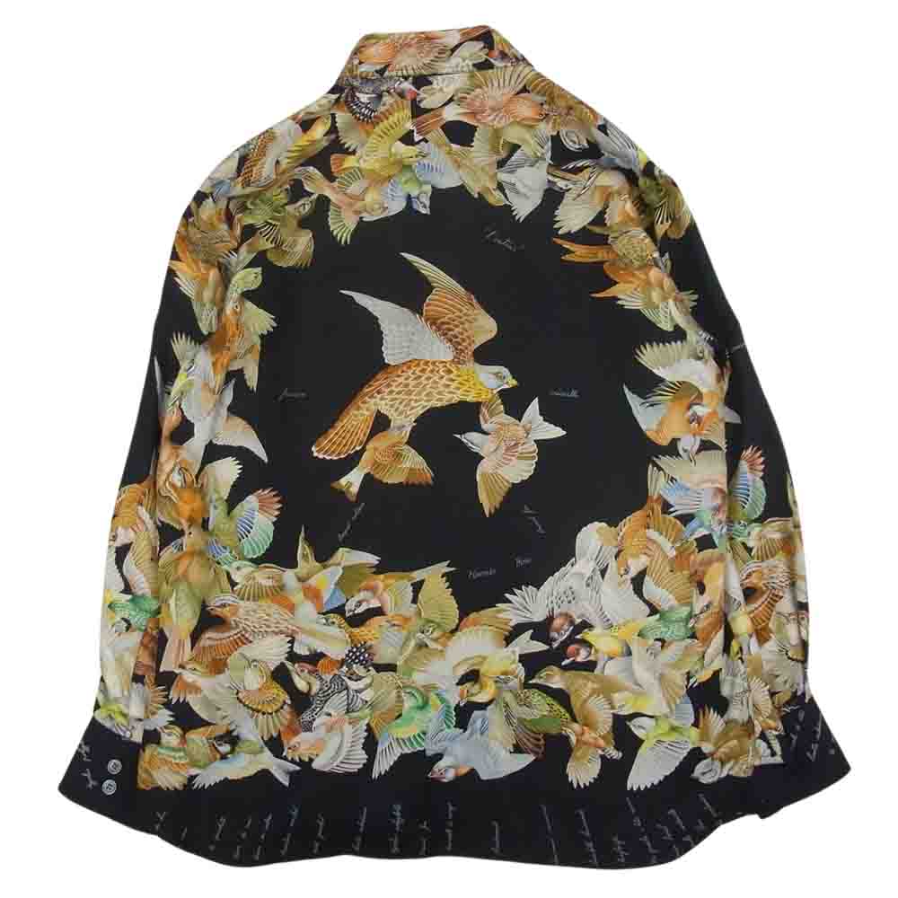 HERMES エルメス ツイルレーヌ 鳥柄 シルク 100％ 長袖 シャツ ブラック系 42【中古】