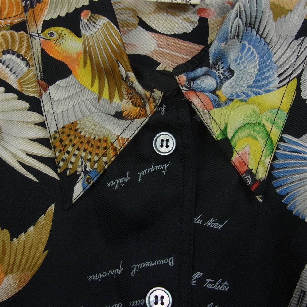 HERMES エルメス ツイルレーヌ 鳥柄 シルク 100％ 長袖 シャツ ブラック系 42【中古】