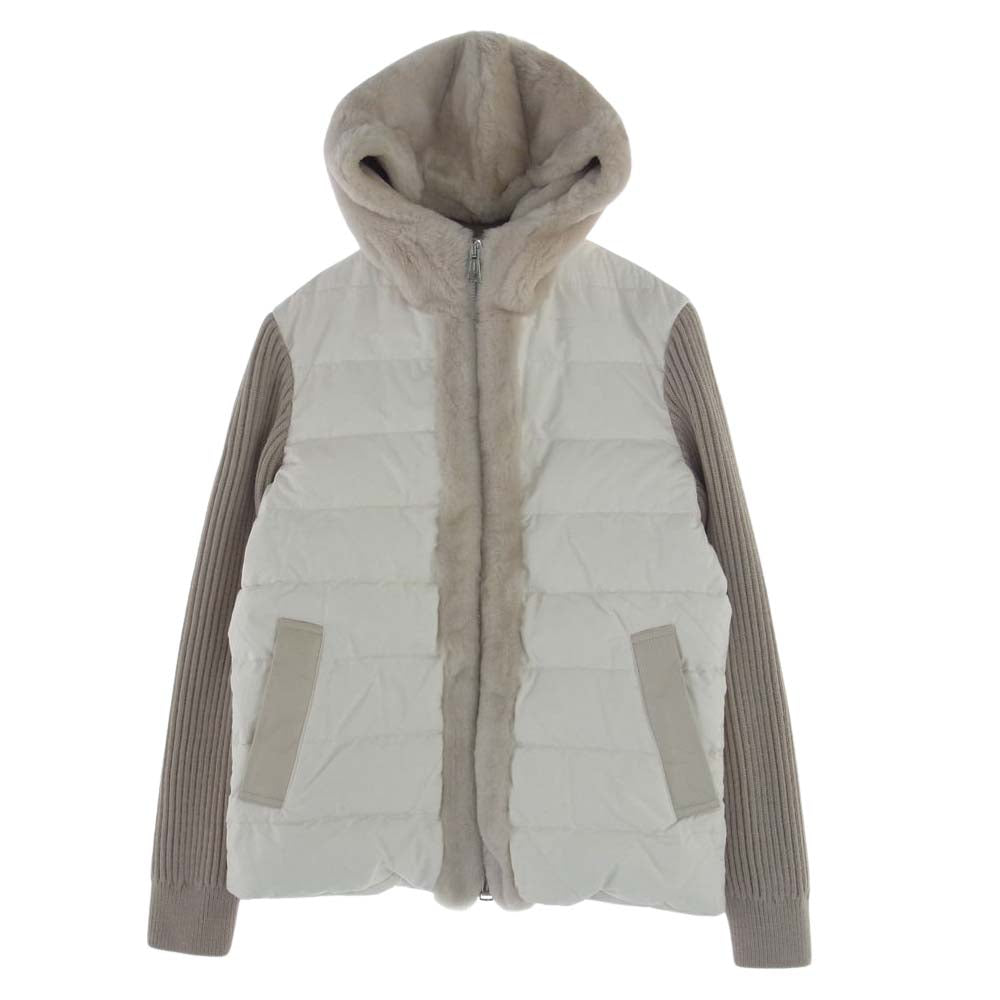 1piu1uguale3 ウノピュウノウグァーレトレ 21AW MRB537 LAB044 EMMETI エンメティ RIB SLEEVE MOUTON HOODED BLOUSON 袖ニットリブ マウンテン フーデッド ブルゾン オフホワイト系 ブラウン系 Ⅲ【中古】
