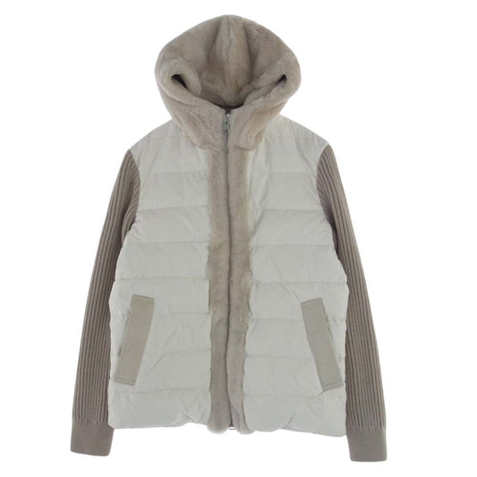 1piu1uguale3 ウノピュウノウグァーレトレ 21AW MRB537 LAB044 EMMETI エンメティ RIB SLEEVE MOUTON HOODED BLOUSON 袖ニットリブ マウンテン フーデッド ブルゾン オフホワイト系 ブラウン系 Ⅲ【中古】
