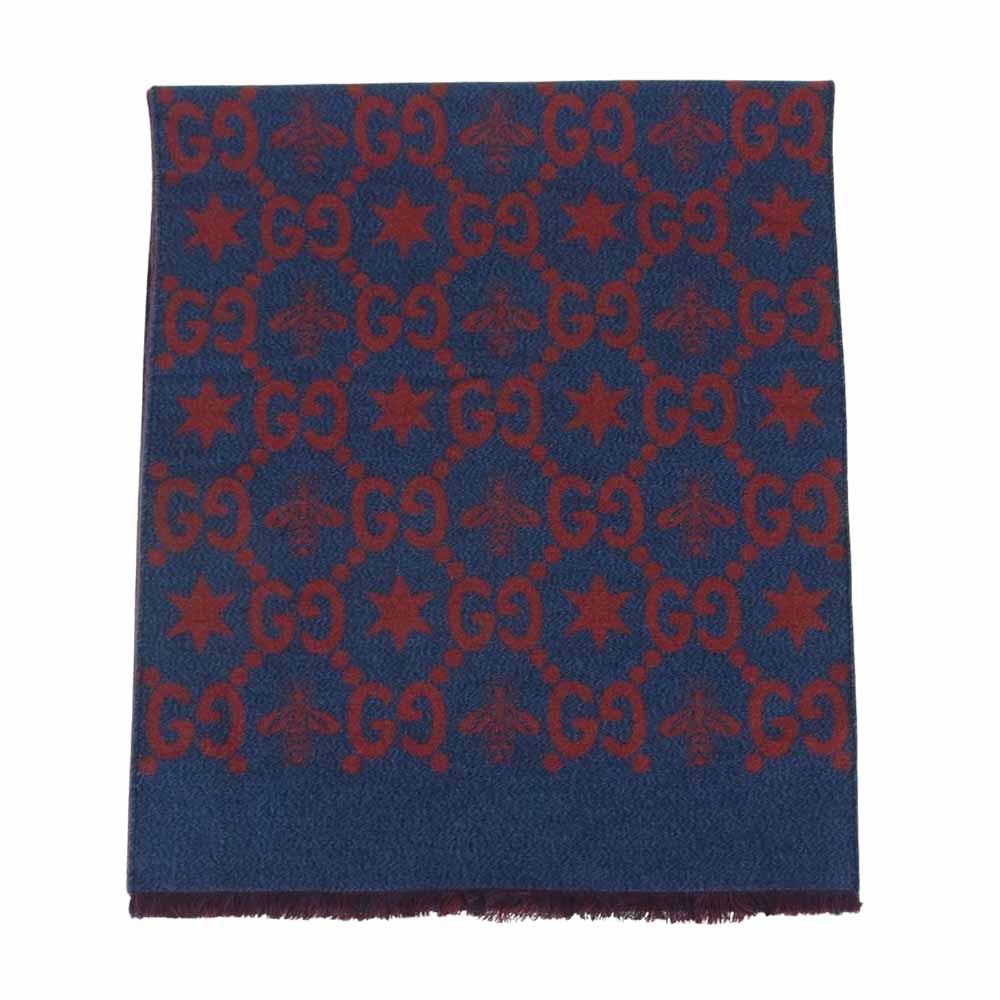GUCCI グッチ GG ビー リバーシブル バイカラー シルク混 ウール ストール マフラー ブルー系 レッド系 37 × 190 cm【中古】