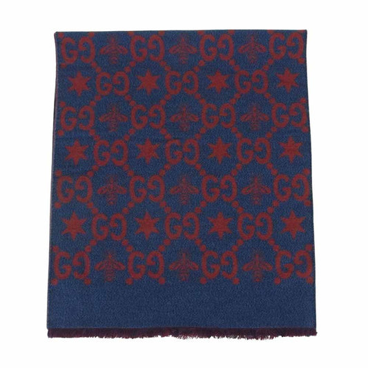 GUCCI グッチ GG ビー リバーシブル バイカラー シルク混 ウール ストール マフラー ブルー系 レッド系 37 × 190 cm【中古】