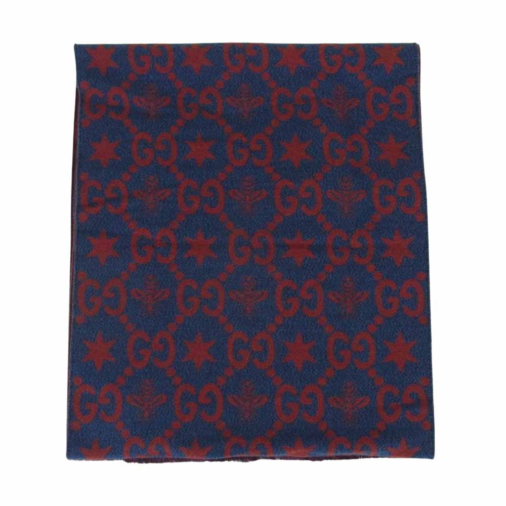 GUCCI グッチ GG ビー リバーシブル バイカラー シルク混 ウール ストール マフラー ブルー系 レッド系 37 × 190 cm【中古】
