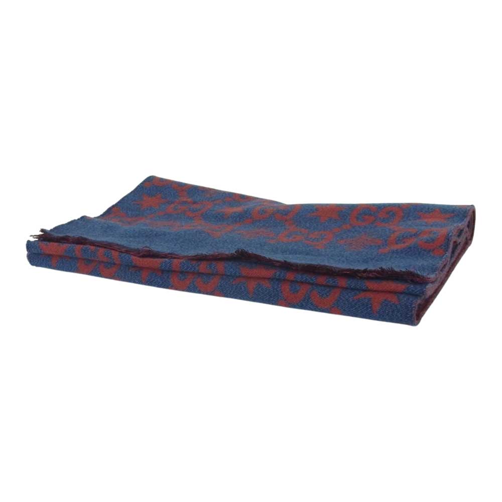 GUCCI グッチ GG ビー リバーシブル バイカラー シルク混 ウール ストール マフラー ブルー系 レッド系 37 × 190 cm【中古】
