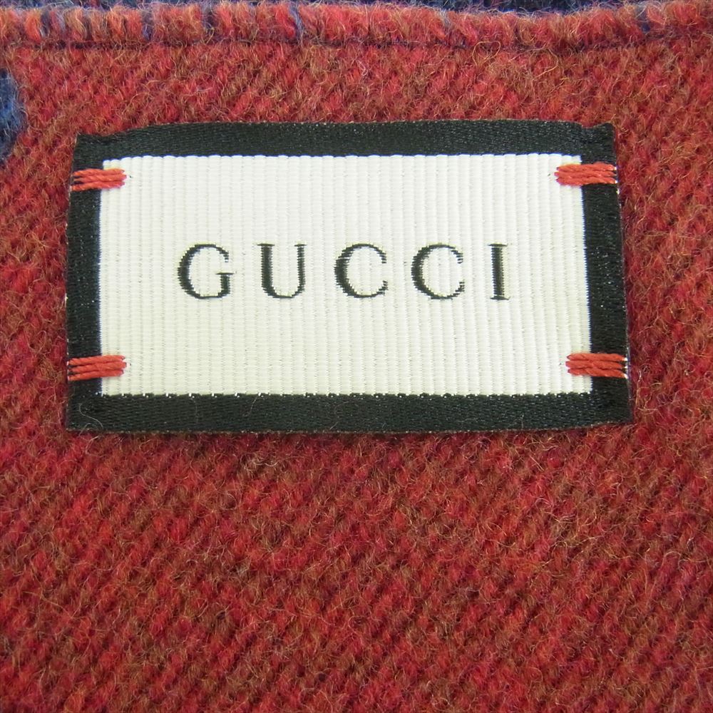 GUCCI グッチ GG ビー リバーシブル バイカラー シルク混 ウール ストール マフラー ブルー系 レッド系 37 × 190 cm【中古】