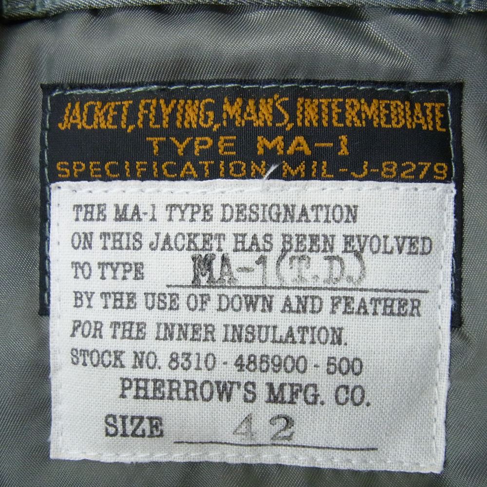 Pherrow's フェローズ 18W-MA-1 TYPE MA-1 ミリタリー フライト ジャケット カーキ系 42【中古】
