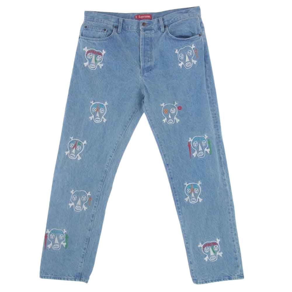 Supreme シュプリーム 21SS × Clayton Patterson Skulls Embroidered Regular Jean スカル エンブロイダリー デニムパンツ インディゴブルー系 34【中古】