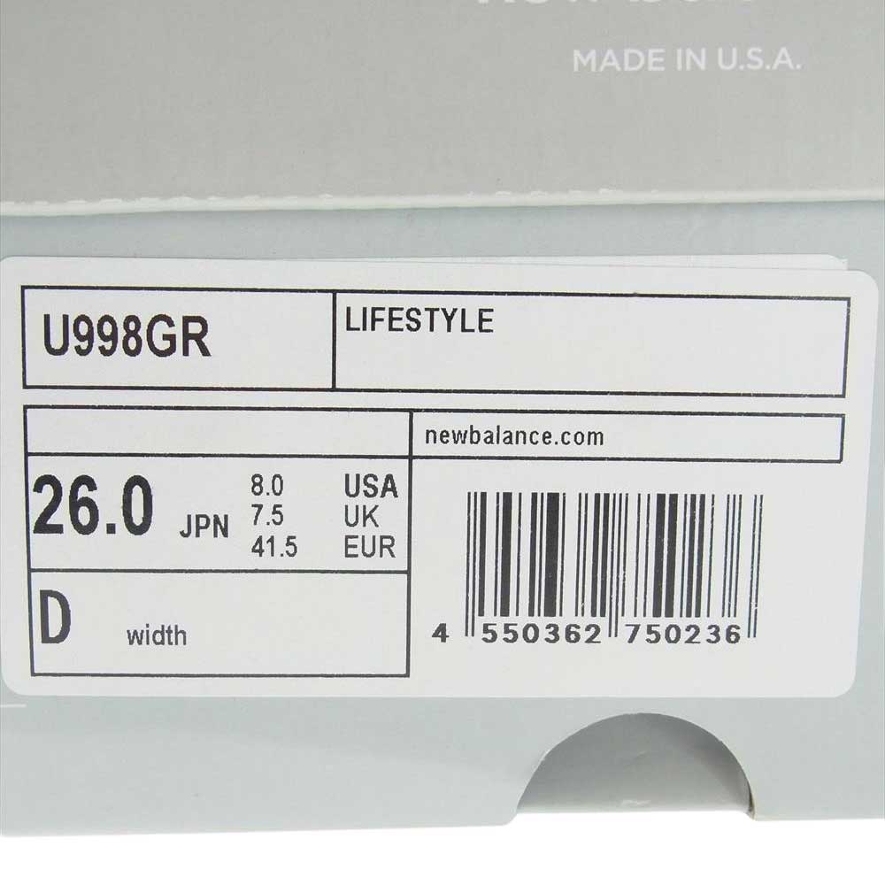 NEW BALANCE ニューバランス U998GR USA製 998 スエード メッシュ ローカット スニーカー グレー系 26cm【新古品】【未使用】【中古】