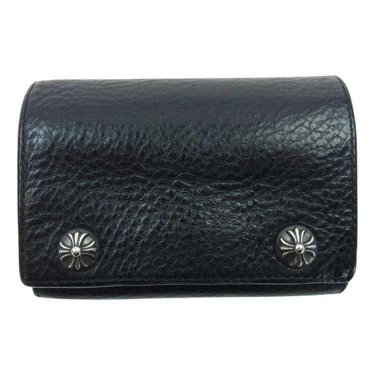 CHROME HEARTS クロムハーツ（原本無） 3FOLD 3フォールド クロスボタン レザー コンパクトウォレット 3つ折り財布 ブラック系【中古】