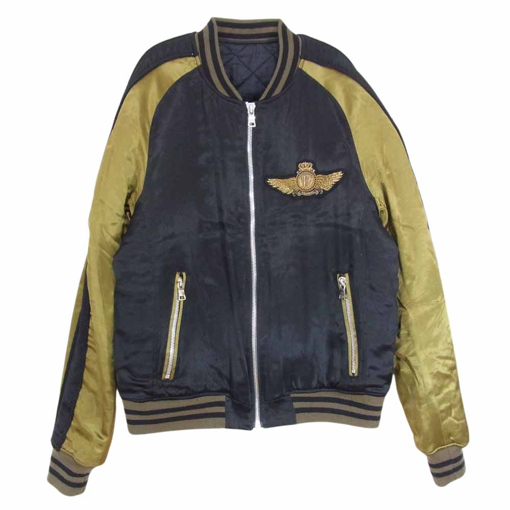 BALMAIN バルマン 18AW エンブレム バックロゴ刺繍 スーベニア ジャケット 中綿 サテン キルト スカジャン ブラック系 L【中古】