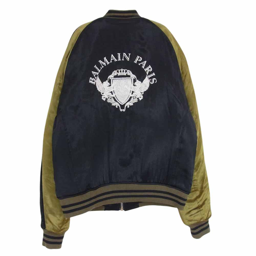 BALMAIN バルマン 18AW エンブレム バックロゴ刺繍 スーベニア ジャケット 中綿 サテン キルト スカジャン ブラック系 L【中古】
