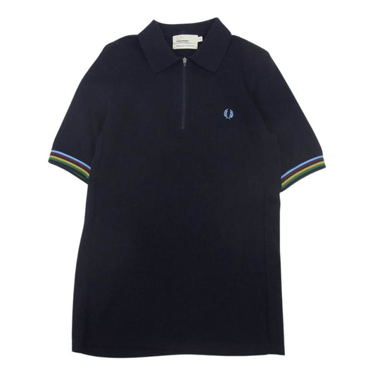 FRED PERRY フレッドペリー × BRADLEY WIGGINS ブラッドリーウィギンス リブ ニット 半袖 ハーフジップ ポロシャツ ブラック系 S【中古】