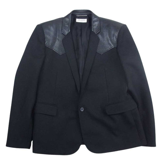 SAINT LAURENT サンローラン 552571 Y519U ラベル ヨーク レザー 切替 ウール テーラード ジャケット ブラック系 50【中古】