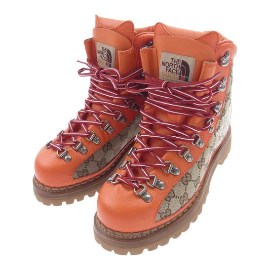 GUCCI グッチ 21AW 679927 × THE NORTH FACE ノースフェイス GGロゴ 総柄レザー キャンバス エンジニア ブーツ トレッキング ブーツ オレンジ系 ライトブラウン系 39【極上美品】【中古】