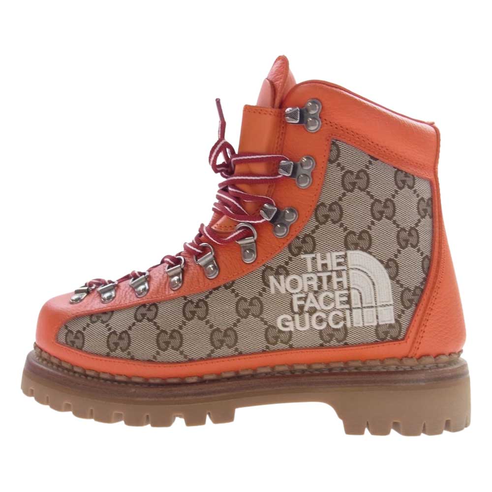 GUCCI グッチ 21AW 679927 × THE NORTH FACE ノースフェイス GGロゴ 総柄レザー キャンバス エンジニア ブーツ トレッキング ブーツ オレンジ系 ライトブラウン系 39【極上美品】【中古】