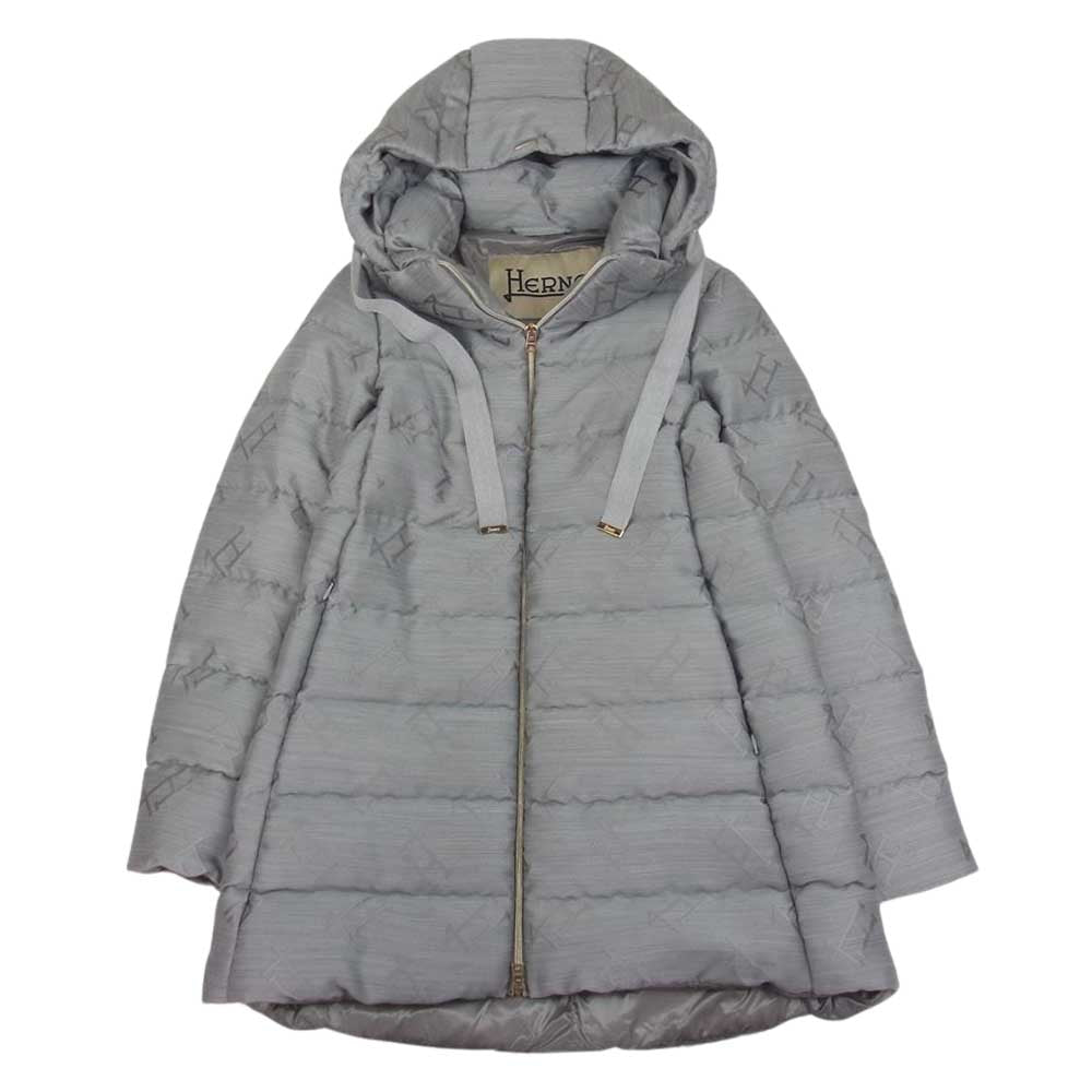 Herno ヘルノ PI1155D-12352-9494 モノグラムロゴ総柄 フード付き グログランリボン セミロング ダウン コート グレー系 38【中古】