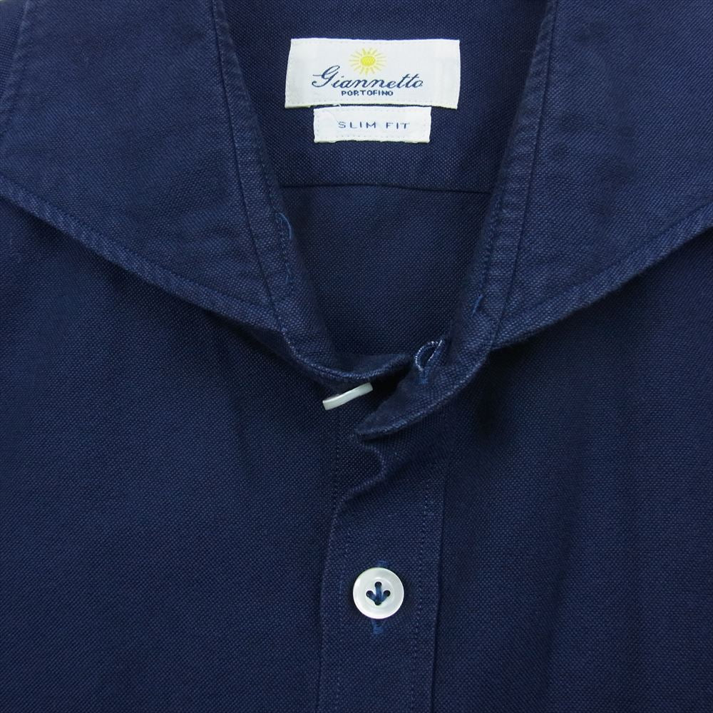 ジャンネット ワイドカラー オックスフォード 長袖 ドレスシャツ ネイビー系 L【中古】