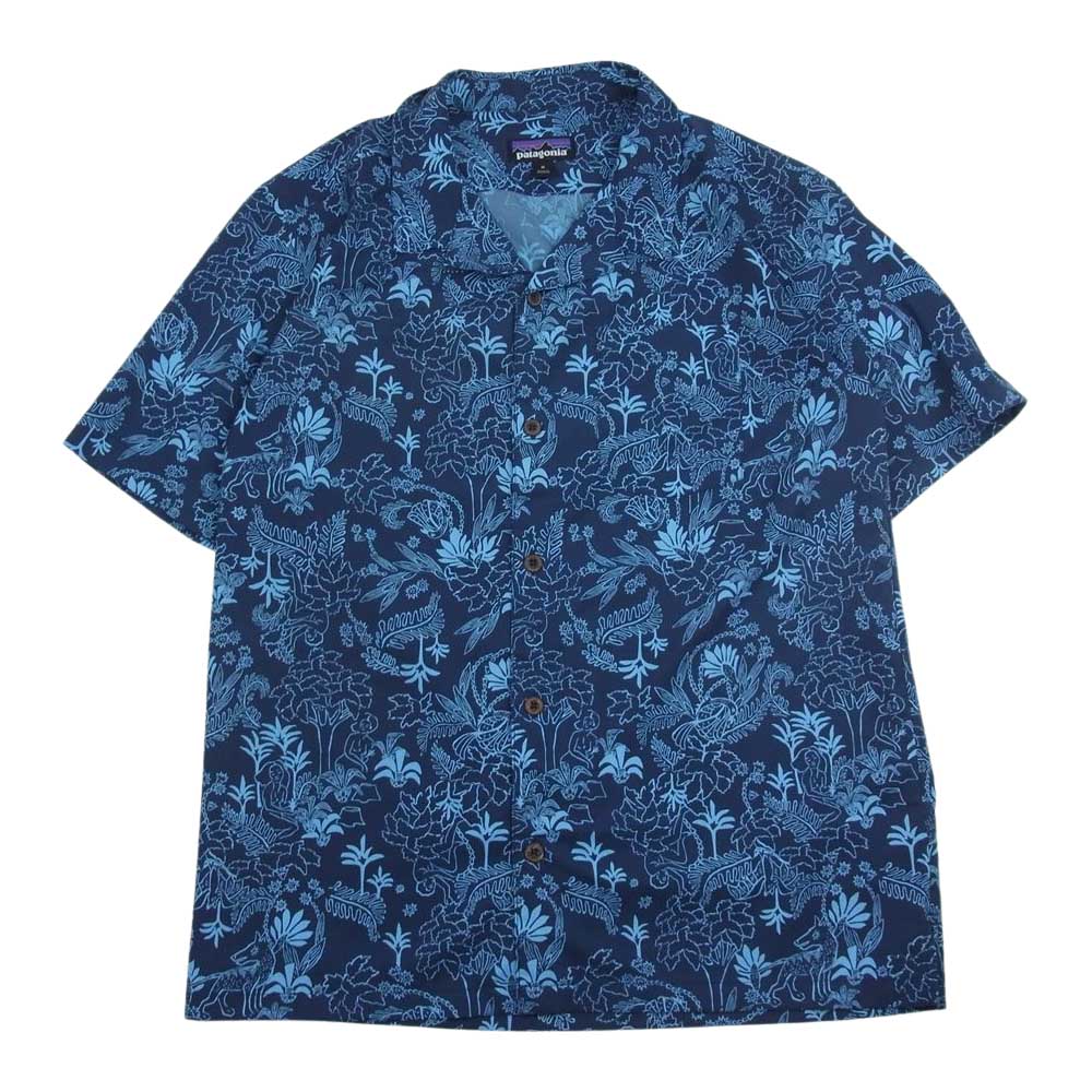 patagonia パタゴニア 19SS 86205 Stretch Planing Hybrid Shirt ストレッチ プレーニング ハイブリッド 総柄 オープンカラー 半袖 シャツ ネイビー系 M【中古】