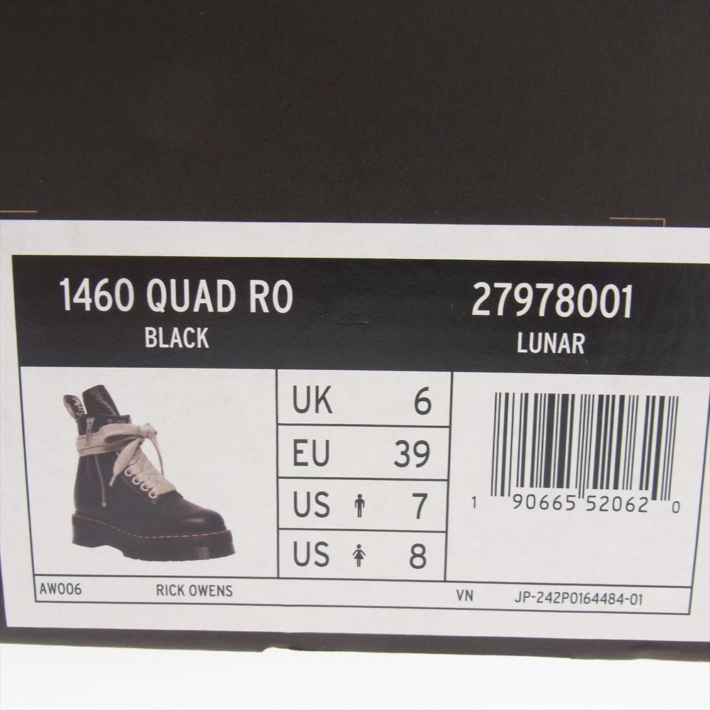 Rick Owens リックオウエンス 22AW 27978001 × Dr.Martens ドクターマーチン JUMBO LACE BOOTS ジャンボ レース ブーツ 8ホール サイドジップ ブラック系 EU39【美品】【中古】