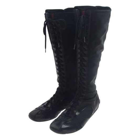 PRADA プラダ 22ホール サイドジップ  レースアップ ロング ドライビングシューズ レザー切替 ナイロン ブーツ ブラック系 36.5【中古】