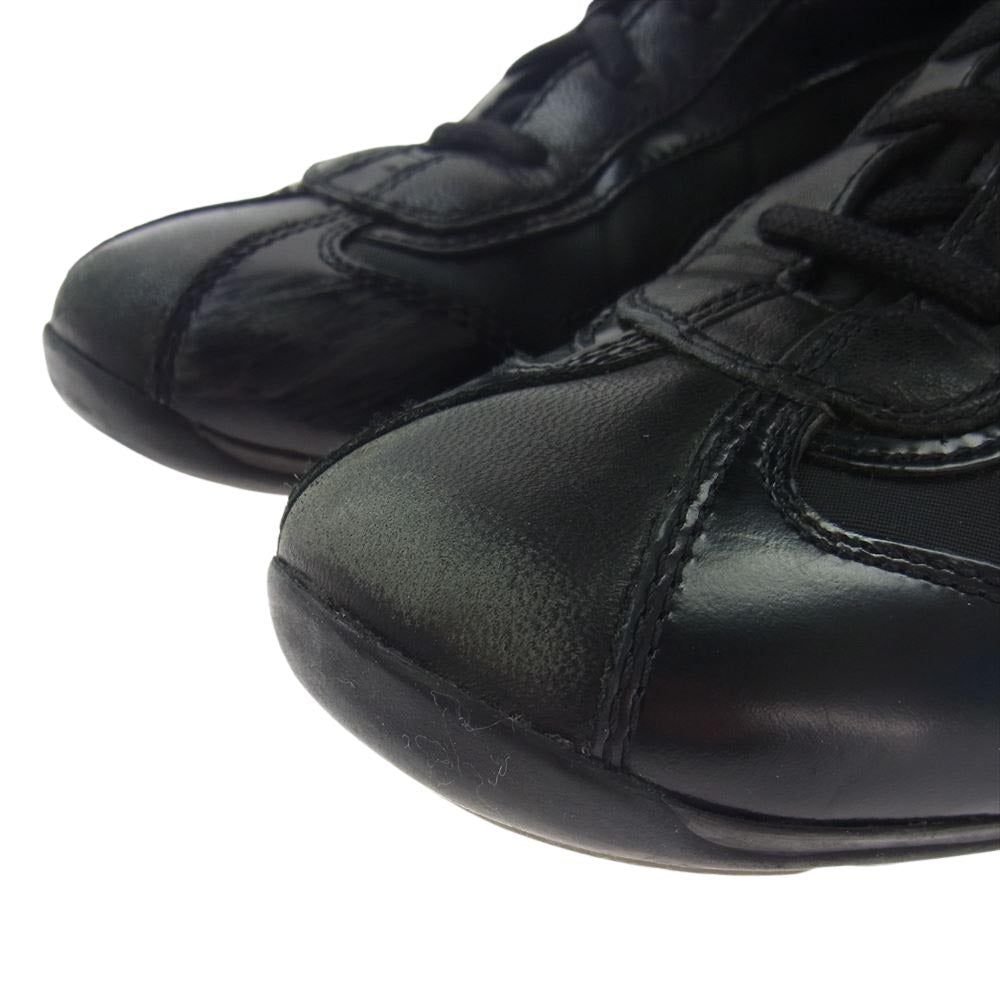 PRADA プラダ 22ホール サイドジップ  レースアップ ロング ドライビングシューズ レザー切替 ナイロン ブーツ ブラック系 36.5【中古】