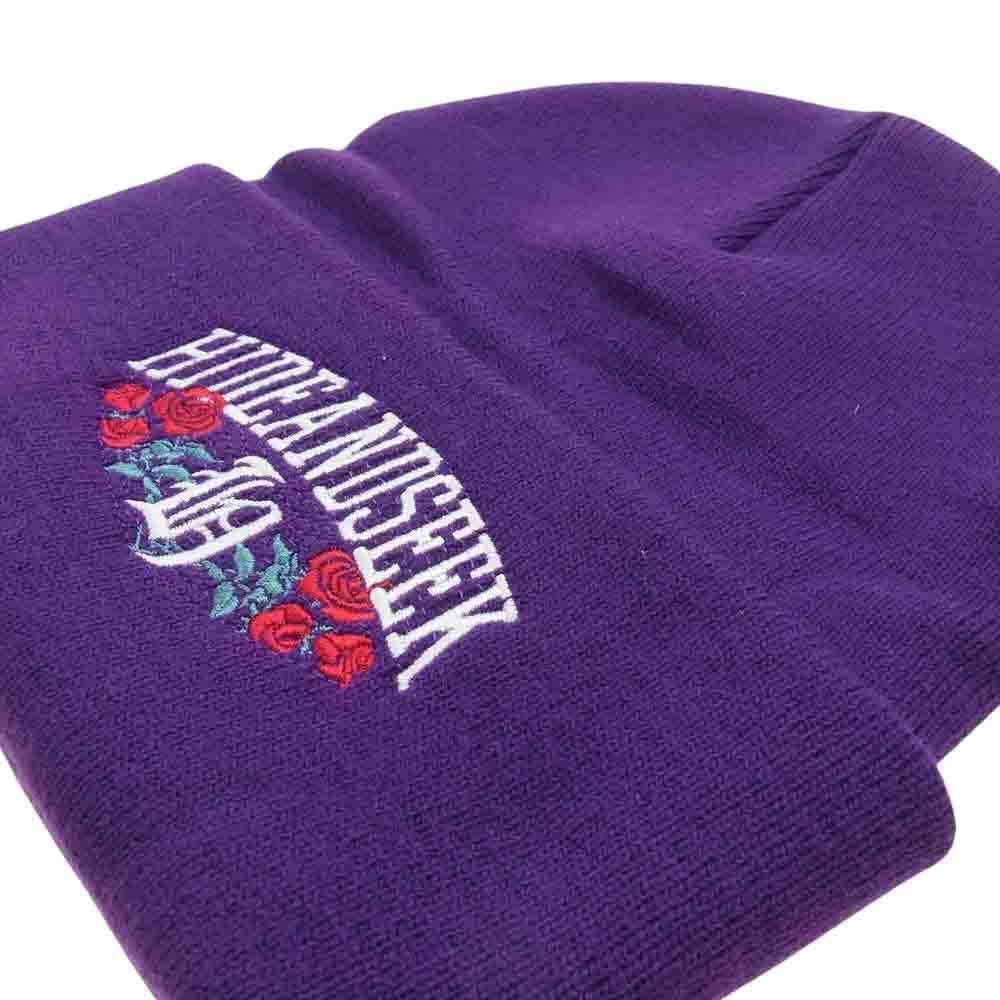 HideandSeek ハイドアンドシーク アメリカ製 BAYSIDE ロゴ刺繍 薔薇 ビーニー ニットキャップ 帽子 パープル パープル系【中古】