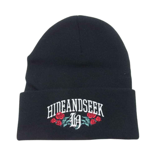 HideandSeek ハイドアンドシーク アメリカ製 BAYSIDE ロゴ刺繍 薔薇 ビーニー ニットキャップ 帽子  ブラック ブラック系【中古】
