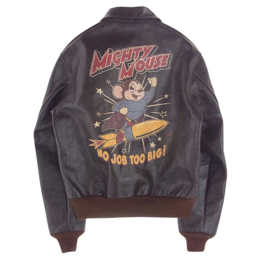 TOY'S McCOY トイズマッコイ TMJ2101 TYPE A-2 PERRY SPORTSWEAR MIGHTY MOUSE ペリースポーツウェア社 マイティマウス バックペイント レザー ホースハイド フライト ジャケット ダークブラウン系 color:051 40【新古品】【未使用】【中古】