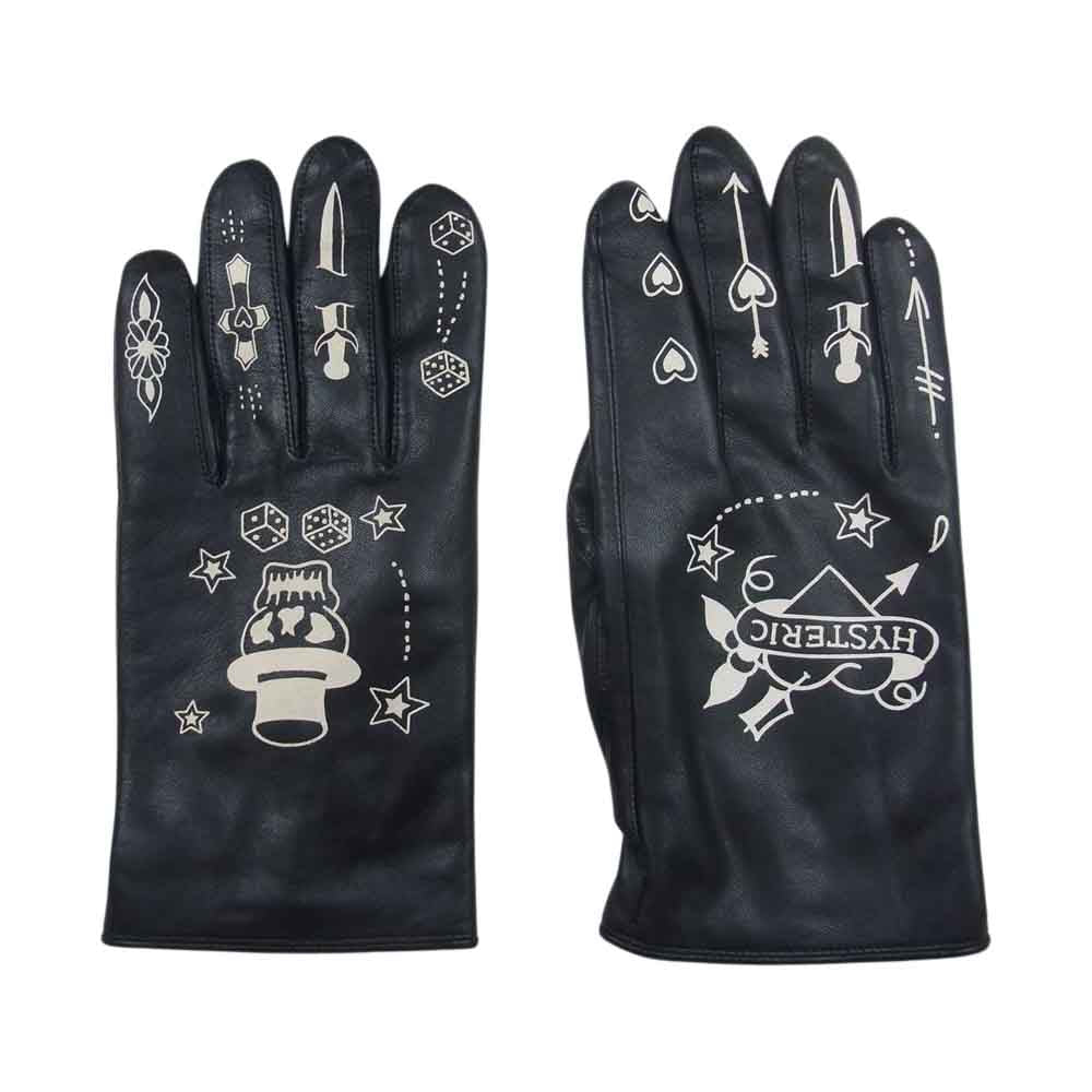 HYSTERIC GLAMOUR ヒステリックグラマー 17AW 02173QG07 TATTOO タトゥープリント ラムレザー グローブ ブラック系 F【美品】【中古】