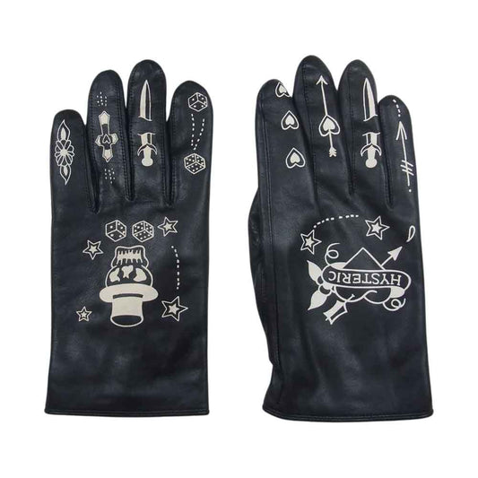 HYSTERIC GLAMOUR ヒステリックグラマー 17AW 02173QG07 TATTOO タトゥープリント ラムレザー グローブ ブラック系 F【美品】【中古】