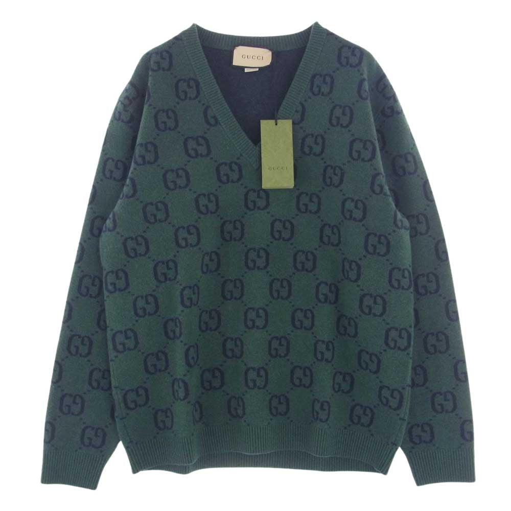 GUCCI グッチ 678942 XKB6P GG総柄 ロゴ Vネック ニット セーター グリーン系 L【美品】【中古】