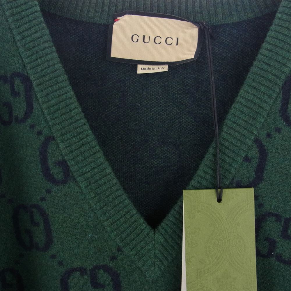 GUCCI グッチ 678942 XKB6P GG総柄 ロゴ Vネック ニット セーター グリーン系 L【美品】【中古】