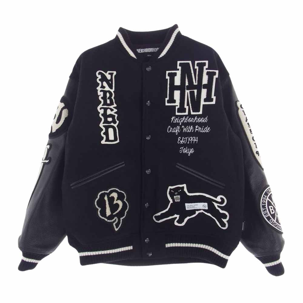 NEIGHBORHOOD ネイバーフッド 23AW 232SZNH-JKM03 STADIUM JACKET ワッペン 袖レザー メルトン スタジャン スタジアム ジャケット ブラック系 S【極上美品】【中古】