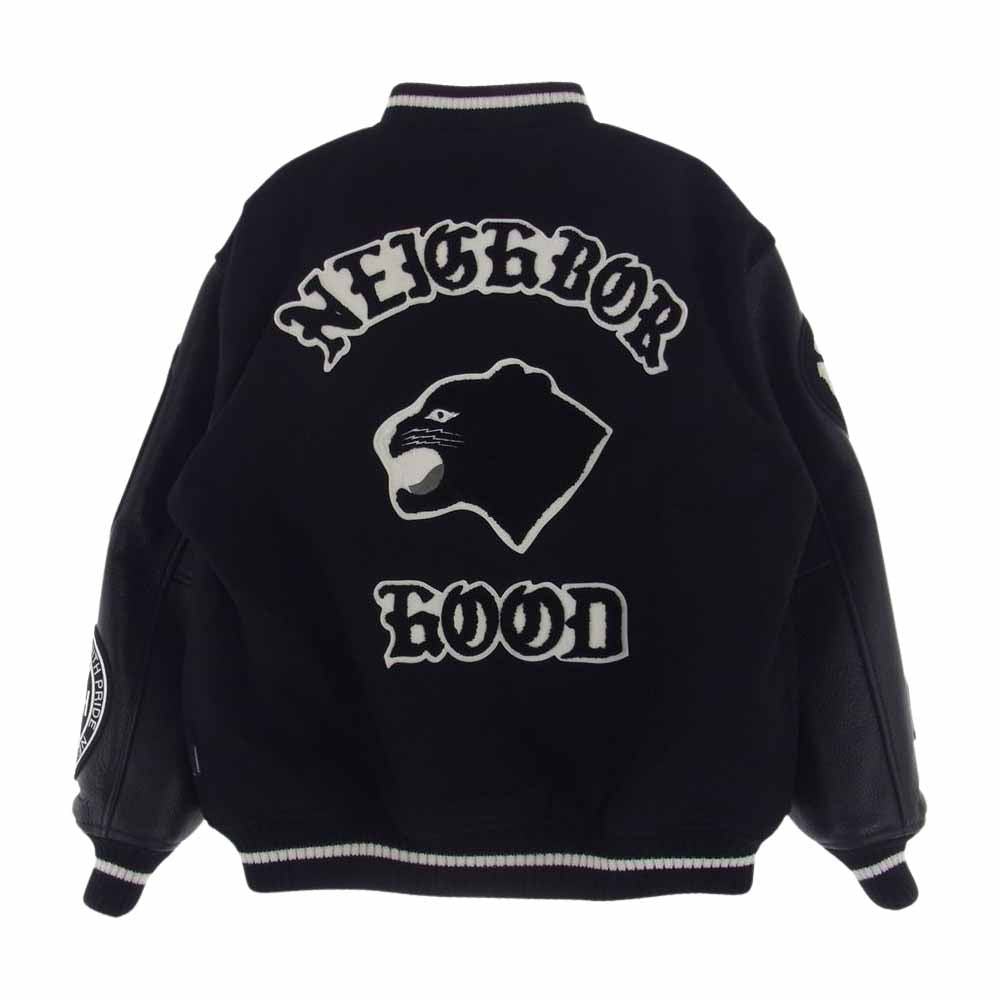 NEIGHBORHOOD ネイバーフッド 23AW 232SZNH-JKM03 STADIUM JACKET ワッペン 袖レザー メルトン スタジャン スタジアム ジャケット ブラック系 S【極上美品】【中古】