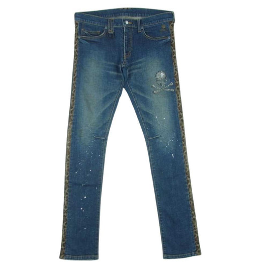 ROEN ロエン ペイント加工 ラインストーン スカル レオパード サイドライン デニム パンツ ジーンズ インディゴブルー系 31【中古】