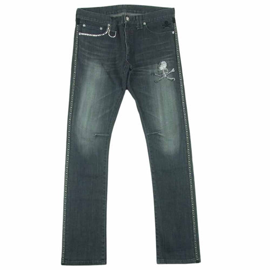 ROEN ロエン ペイント加工 ラインストーン スカル刺繍 スタッズ サイドライン デニム パンツ ジーンズ グレー系 32【中古】