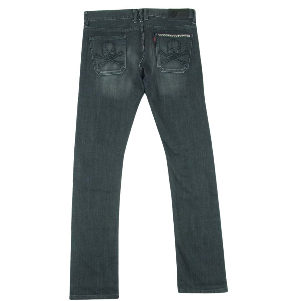 ROEN ロエン ペイント加工 ラインストーン スカル刺繍 スタッズ サイドライン デニム パンツ ジーンズ グレー系 32【中古】