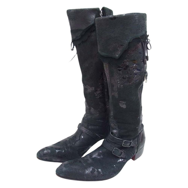 ヒロムタカハラ Deer skin Long Boots ディアスキン 鹿革 サイドジップ ロングブーツ ブラック系 41【中古】