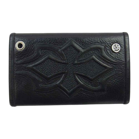 TRAVIS WALKER トラヴィスワーカー クロスフロッグパッチ インレイ スティングレイ レザー ウォレット 長財布 ブラック系【中古】