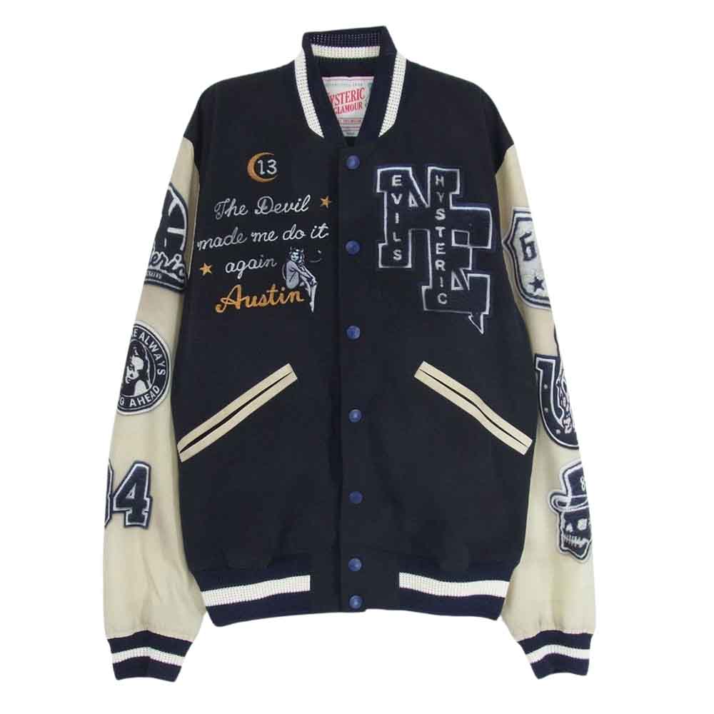 HYSTERIC GLAMOUR ヒステリックグラマー 02182AB05 HE PATCH VARSITY ptスタジャン 転写 トロンプルイユ プリント ネイビー系 S【中古】