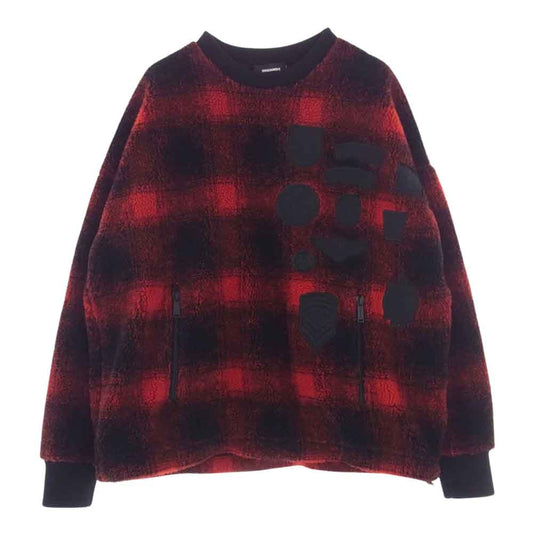 DSQUARED2 ディースクエアード 21AW S74GU0541 エンブレムパッチ チェック ボアフリース オーバーサイズ クルーネック スウェット レッド系 ブラック系 XL【中古】