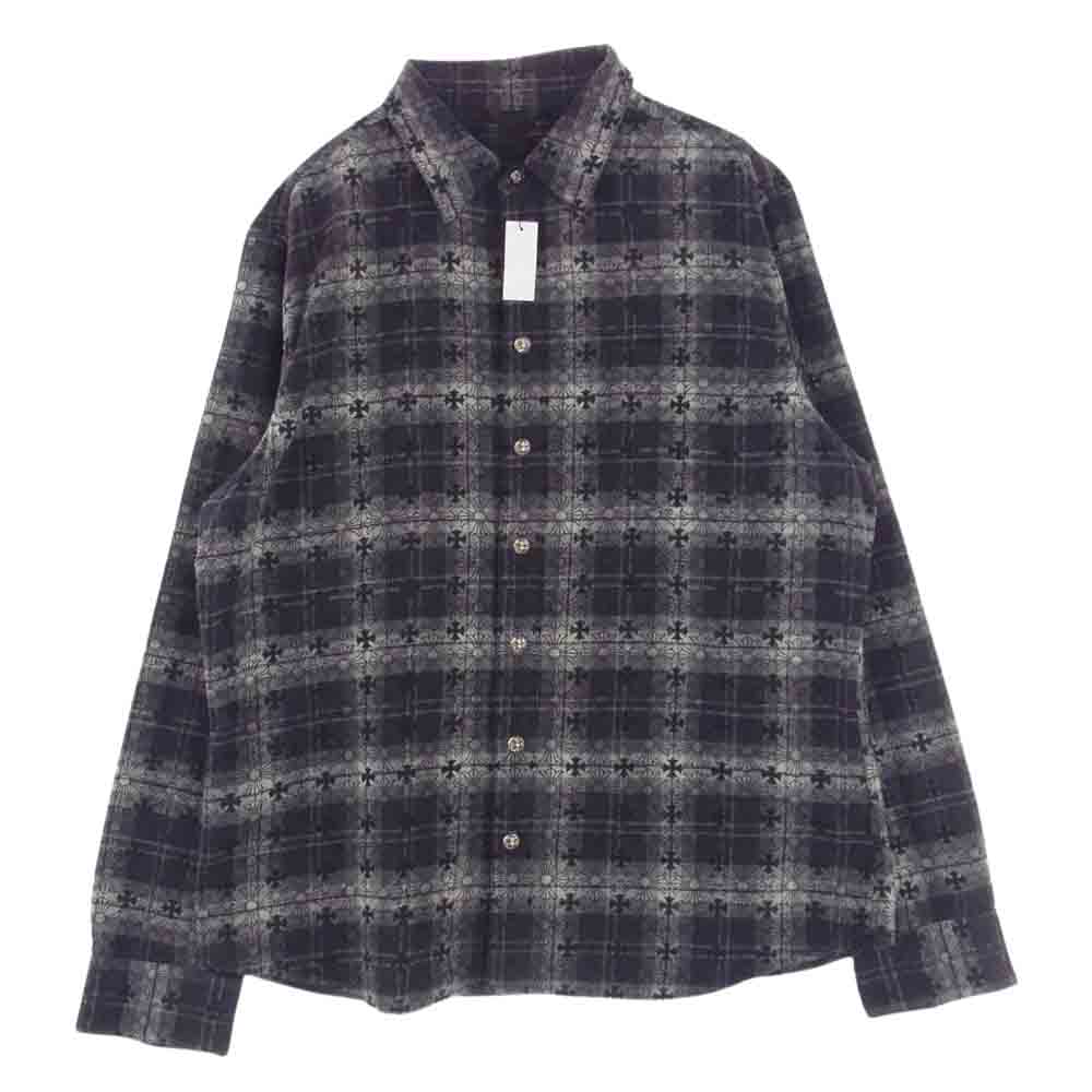 CHROME HEARTS クロムハーツ（原本無） LOOSEENDS LS CHECK CHプラス総柄 クロスボタン クロスパッチ ルーズエンド チェック フランネル 長袖シャツ グレー系 XL【極上美品】【中古】
