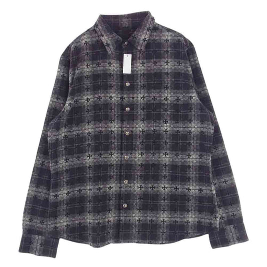 CHROME HEARTS クロムハーツ（原本無） LOOSEENDS LS CHECK CHプラス総柄 クロスボタン クロスパッチ ルーズエンド チェック フランネル 長袖シャツ グレー系 XL【極上美品】【中古】