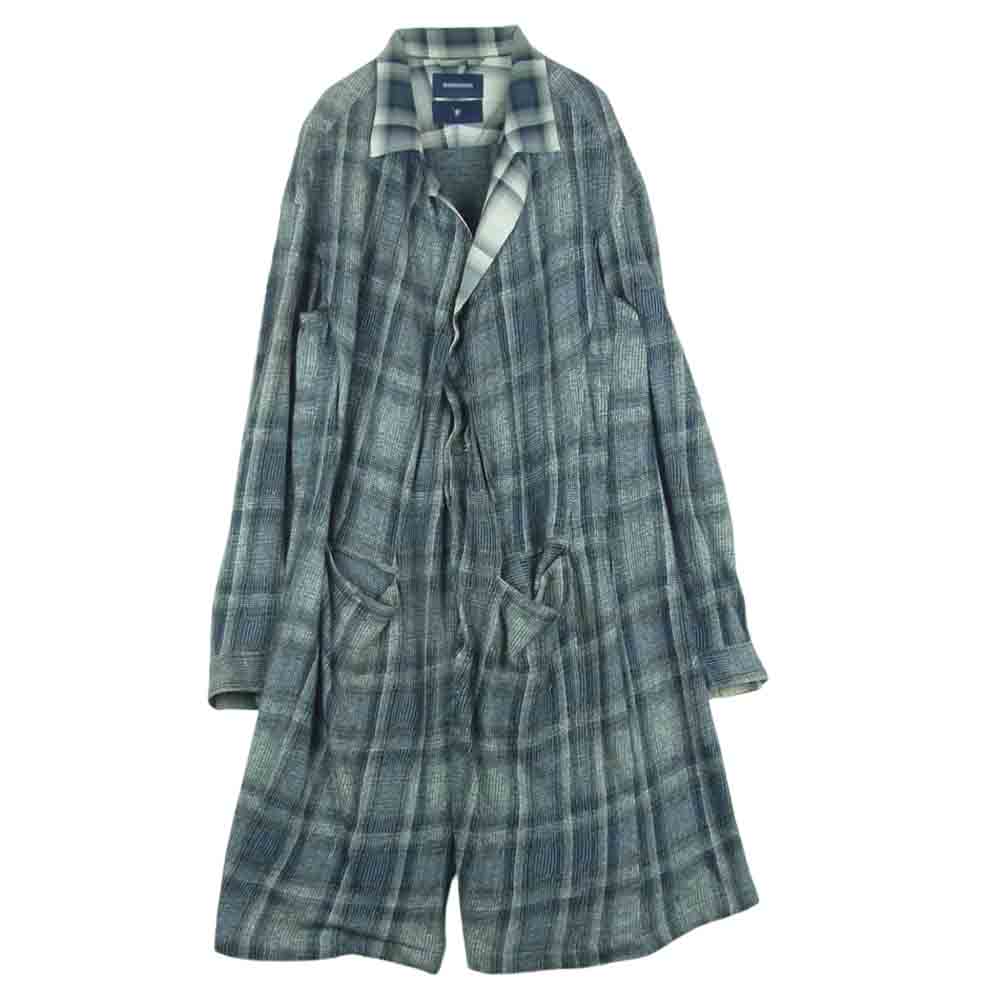 MIHARA YASUHIRO ミハラヤスヒロ 71091178 切替 オンブレ チェック ショップ コート ロング ジャケット グレー系 ブルー系 50【中古】