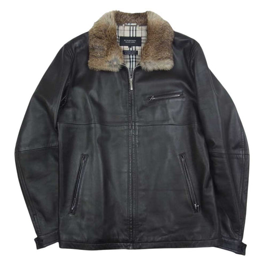 BURBERRY BLACK LABEL バーバリーブラックレーベル BMP18-309-58 ラビットファー付 ラムレザー ジップ ジャケット ノバチェック ブラウン系 L【中古】
