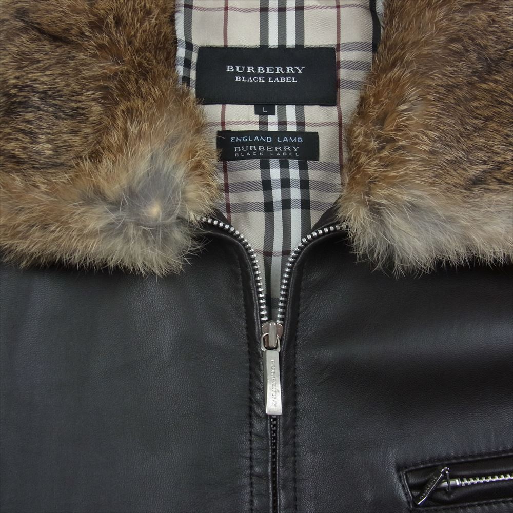 BURBERRY BLACK LABEL バーバリーブラックレーベル BMP18-309-58 ラビットファー付 ラムレザー ジップ ジャケット ノバチェック ブラウン系 L【中古】
