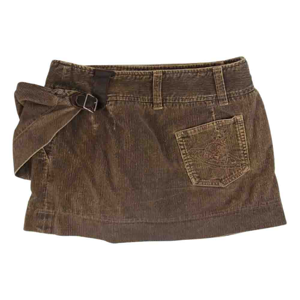 Vivienne Westwood ヴィヴィアンウエストウッド 7840M 357-01-23024 レッドレーベル コーデュロイ レザーベルト付き 変形 ラップ スカート ブラウン系 2【中古】